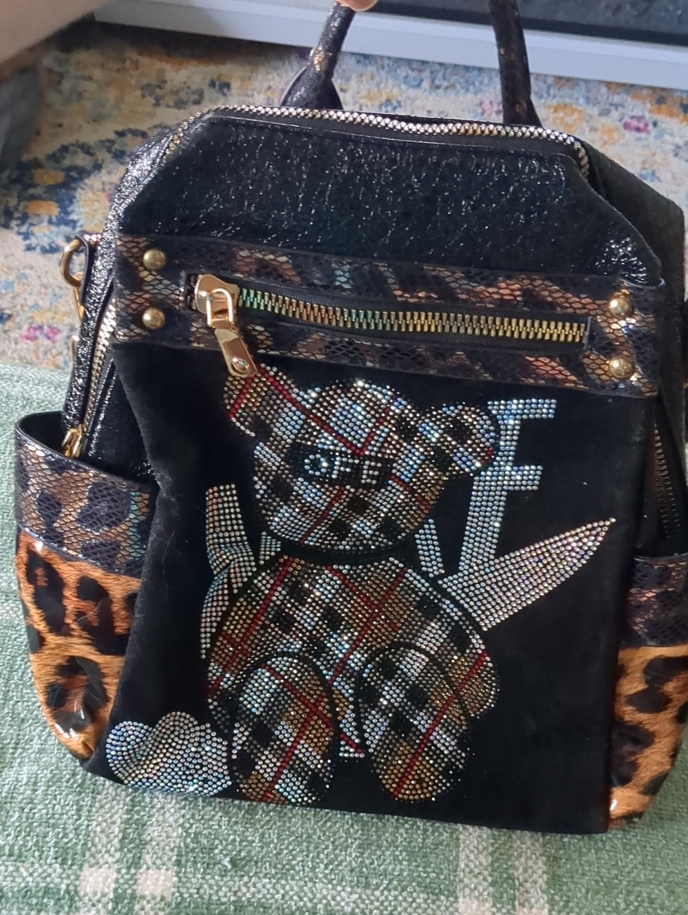 Black Velvet Rhinestone Teddy Backpack with Leopard Accents